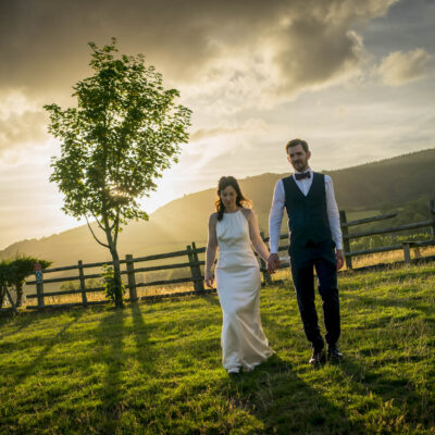 Gorgeous landscape at Wilde Lodge with the bride and groom and a tree breaking the sunset